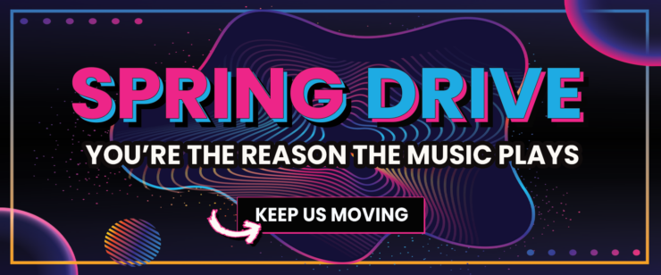 Colorful graphic with the text "Spring Drive" in bold letters. Below, it reads "You're the reason the music plays." A button labeled "Keep Us Moving" is highlighted with an arrow. The background features abstract shapes and vibrant colors.