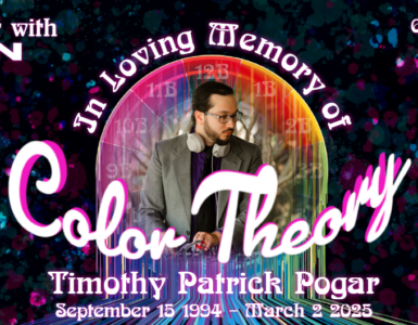 Banner image for 'Afterglow with Madion,' Episode 6 titled 'Color Theory.' Features a photo of Timothy Patrick Pogar, with text 'In Loving Memory of Timothy Patrick Pogar September 15, 1994 - March 9, 2025.' Background is a vibrant, colorful space theme. Originally aired on March 29, 2025.