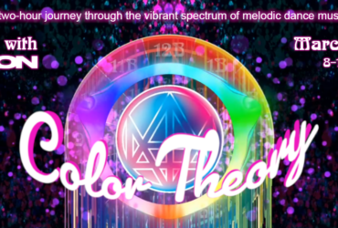 Colorful digital artwork promoting "Color Theory," an event hosted by Afterglow with Madlon. The image features a vibrant rainbow spectrum with abstract geometric elements. Text includes the date, March 8, 2026, and time, 8-10 PM Pacific Sunday, along with the phrase, "A two-hour journey through the vibrant spectrum of melodic dance music." Episode 31 and C895 are noted.