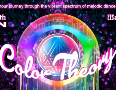 Colorful digital artwork promoting "Color Theory," an event hosted by Afterglow with Madlon. The image features a vibrant rainbow spectrum with abstract geometric elements. Text includes the date, March 8, 2026, and time, 8-10 PM Pacific Sunday, along with the phrase, "A two-hour journey through the vibrant spectrum of melodic dance music." Episode 31 and C895 are noted.