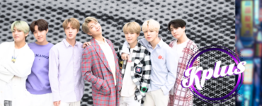 A group of people stand in a row, smiling, against a textured black and white background. They are dressed in stylish, colorful outfits. To the right, the word "Kplus" is displayed in a purple circle.