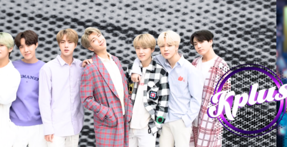 A group of people stand in a row, smiling, against a textured black and white background. They are dressed in stylish, colorful outfits. To the right, the word "Kplus" is displayed in a purple circle.