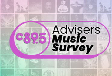 Colorful promotional graphic featuring "C89.5 Advisers Music Survey" in bold text. The background consists of a collage of various music album covers, creating a vibrant and dynamic visual effect.