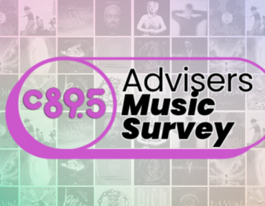 Colorful promotional graphic featuring "C89.5 Advisers Music Survey" in bold text. The background consists of a collage of various music album covers, creating a vibrant and dynamic visual effect.