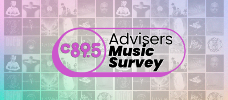 Colorful promotional graphic featuring "C89.5 Advisers Music Survey" in bold text. The background consists of a collage of various music album covers, creating a vibrant and dynamic visual effect.