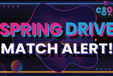 Colorful graphic featuring the text "Spring Drive Match Alert!" with geometric patterns and the logo "C89.5" in the top right corner.