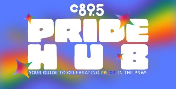 Bright and colorful graphic featuring the text "C89.5 Pride Hub" in large white letters. A vibrant rainbow spans the background, and smaller rainbow star shapes decorate the image. Text below reads, "Your guide to celebrating Pride in the PNW!"