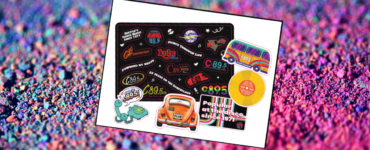 Seattle music-themed stickers on a colorful background, featuring C89.5 logos, a vintage car, a bus, a vinyl record, an octopus, and dance-related phrases.