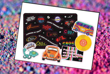 Seattle music-themed stickers on a colorful background, featuring C89.5 logos, a vintage car, a bus, a vinyl record, an octopus, and dance-related phrases.
