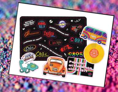Seattle music-themed stickers on a colorful background, featuring C89.5 logos, a vintage car, a bus, a vinyl record, an octopus, and dance-related phrases.