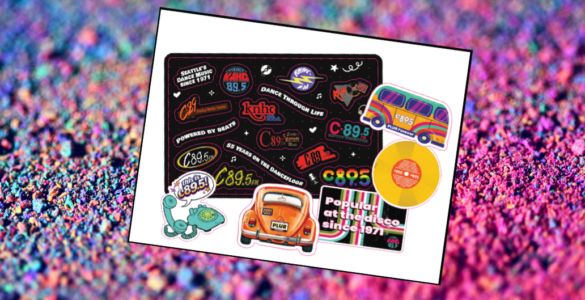 Seattle music-themed stickers on a colorful background, featuring C89.5 logos, a vintage car, a bus, a vinyl record, an octopus, and dance-related phrases.