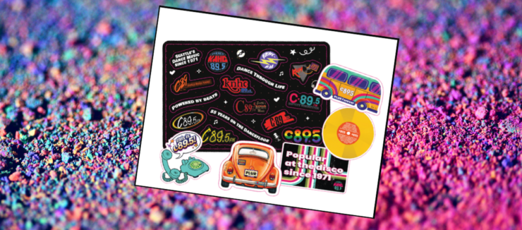 Seattle music-themed stickers on a colorful background, featuring C89.5 logos, a vintage car, a bus, a vinyl record, an octopus, and dance-related phrases.