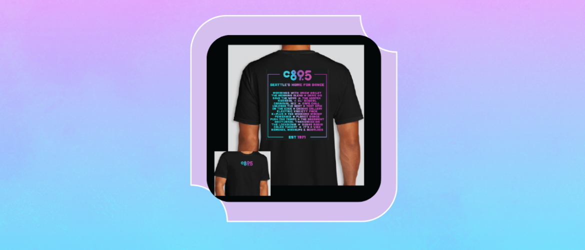 A person wearing a black C89.5 T-shirt. The front logo reads "C89.5" in bright colors. The back features the same logo at the top, with a list of radio shows and program names in colorful text. The background is a vibrant rainbow gradient pattern.