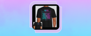 A person wearing a black C89.5 T-shirt. The front logo reads "C89.5" in bright colors. The back features the same logo at the top, with a list of radio shows and program names in colorful text. The background is a vibrant rainbow gradient pattern.