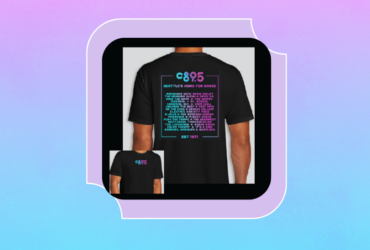 A person wearing a black C89.5 T-shirt. The front logo reads "C89.5" in bright colors. The back features the same logo at the top, with a list of radio shows and program names in colorful text. The background is a vibrant rainbow gradient pattern.