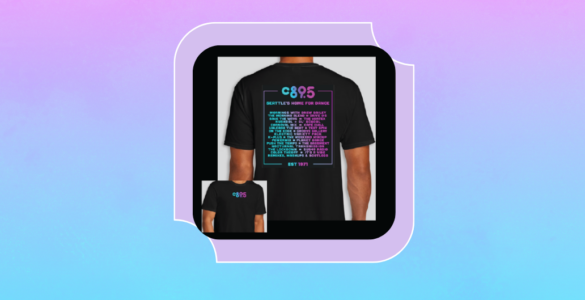 A person wearing a black C89.5 T-shirt. The front logo reads "C89.5" in bright colors. The back features the same logo at the top, with a list of radio shows and program names in colorful text. The background is a vibrant rainbow gradient pattern.