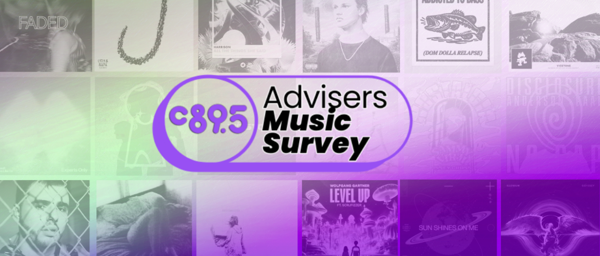 Colorful promotional graphic featuring "C89.5 Advisers Music Survey" in bold text. The background consists of a collage of various music album covers, creating a vibrant and dynamic visual effect.