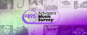 Colorful promotional graphic featuring "C89.5 Advisers Music Survey" in bold text. The background consists of a collage of various music album covers, creating a vibrant and dynamic visual effect.