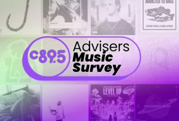 Colorful promotional graphic featuring "C89.5 Advisers Music Survey" in bold text. The background consists of a collage of various music album covers, creating a vibrant and dynamic visual effect.