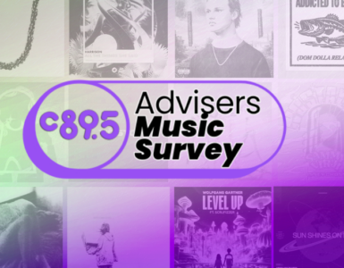 Colorful promotional graphic featuring "C89.5 Advisers Music Survey" in bold text. The background consists of a collage of various music album covers, creating a vibrant and dynamic visual effect.