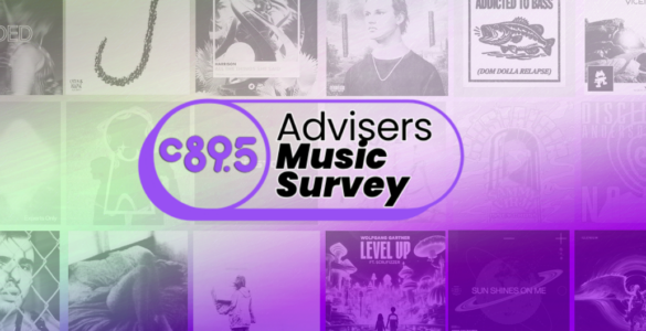 Colorful promotional graphic featuring "C89.5 Advisers Music Survey" in bold text. The background consists of a collage of various music album covers, creating a vibrant and dynamic visual effect.