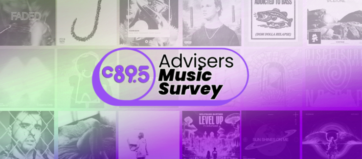 Colorful promotional graphic featuring "C89.5 Advisers Music Survey" in bold text. The background consists of a collage of various music album covers, creating a vibrant and dynamic visual effect.