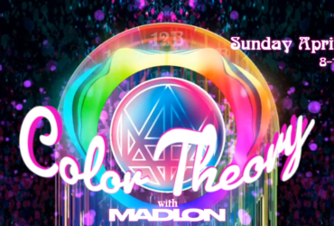Colorful promotional image for "Color Theory with Madlon," Episode 35, airing Sunday, April 19, 2026, from 8-10 PM Pacific. The background has vibrant, multicolored abstract shapes and sparkles.