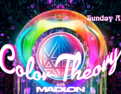 Colorful promotional image for "Color Theory with Madlon," Episode 35, airing Sunday, April 19, 2026, from 8-10 PM Pacific. The background has vibrant, multicolored abstract shapes and sparkles.