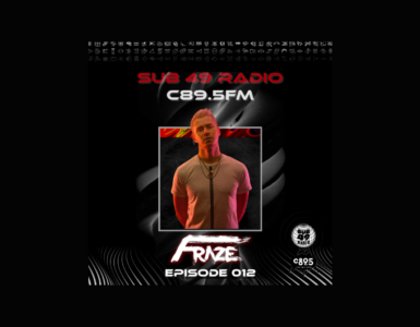 Cover art for "Sub 49 Radio" on C89.5 FM featuring Fraze for Episode 012. It shows a centered photo of a person with a neutral expression, surrounded by abstract black and red design elements and logos for Sub 49 Radio and C89.5 FM.