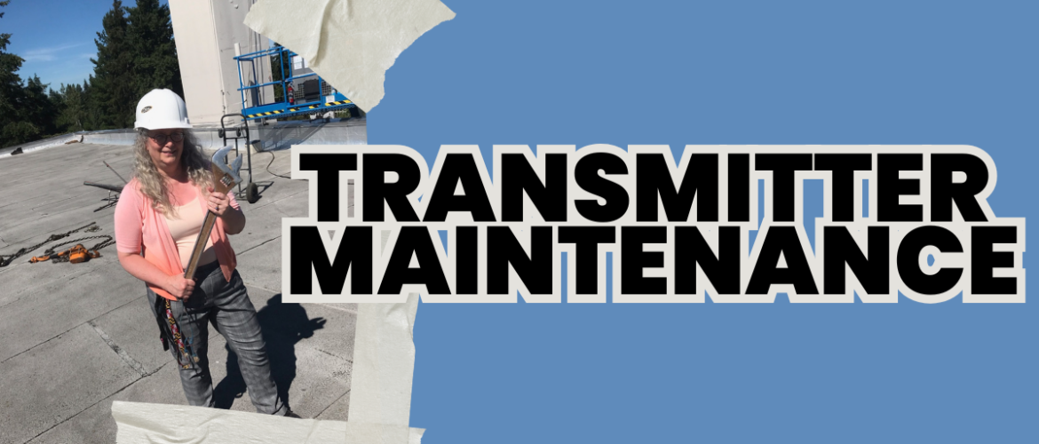 A person stands on a rooftop with safety gear and tools, wearing a white helmet and holding equipment. Large text reads: "TRANSMITTER MAINTENANCE" on a blue background. Torn paper edges frame the image.