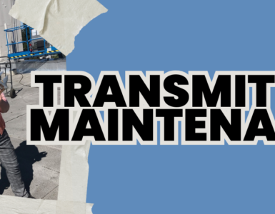 A person stands on a rooftop with safety gear and tools, wearing a white helmet and holding equipment. Large text reads: "TRANSMITTER MAINTENANCE" on a blue background. Torn paper edges frame the image.