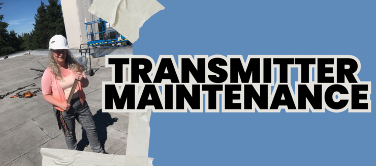A person stands on a rooftop with safety gear and tools, wearing a white helmet and holding equipment. Large text reads: "TRANSMITTER MAINTENANCE" on a blue background. Torn paper edges frame the image.