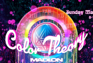 A vibrant digital artwork titled "Color Theory with Madion." It features colorful, abstract patterns with swirling dots and geometric shapes. The text mentions a date, Sunday, May 3, 2026, with the time 8-10 PM Pacific. The episode is labeled as "EP 36.
