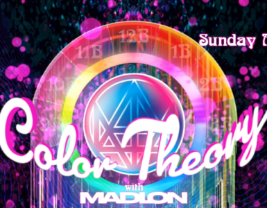 A vibrant digital artwork titled "Color Theory with Madion." It features colorful, abstract patterns with swirling dots and geometric shapes. The text mentions a date, Sunday, May 3, 2026, with the time 8-10 PM Pacific. The episode is labeled as "EP 36.