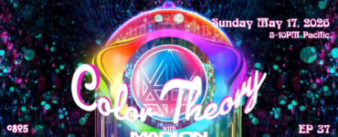 A vibrant digital artwork titled "Color Theory with Madion." It features colorful, abstract patterns with swirling dots and geometric shapes. The text mentions a date, Sunday, May 3, 2026, with the time 8-10 PM Pacific. The episode is labeled as "EP 36.