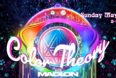 A vibrant digital artwork titled "Color Theory with Madion." It features colorful, abstract patterns with swirling dots and geometric shapes. The text mentions a date, Sunday, May 3, 2026, with the time 8-10 PM Pacific. The episode is labeled as "EP 36.