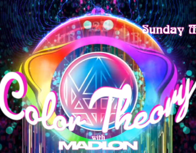 A vibrant digital artwork titled "Color Theory with Madion." It features colorful, abstract patterns with swirling dots and geometric shapes. The text mentions a date, Sunday, May 3, 2026, with the time 8-10 PM Pacific. The episode is labeled as "EP 36.