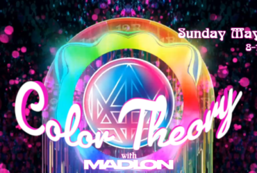 A vibrant digital artwork titled "Color Theory with Madion." It features colorful, abstract patterns with swirling dots and geometric shapes. The text mentions a date, Sunday, May 3, 2026, with the time 8-10 PM Pacific. The episode is labeled as "EP 36.