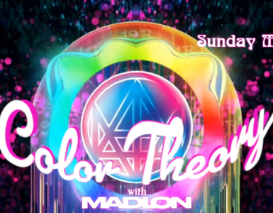 A vibrant digital artwork titled "Color Theory with Madion." It features colorful, abstract patterns with swirling dots and geometric shapes. The text mentions a date, Sunday, May 3, 2026, with the time 8-10 PM Pacific. The episode is labeled as "EP 36.
