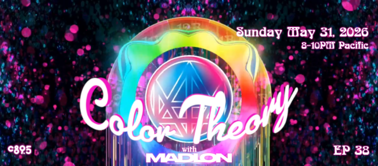 A vibrant digital artwork titled "Color Theory with Madion." It features colorful, abstract patterns with swirling dots and geometric shapes. The text mentions a date, Sunday, May 3, 2026, with the time 8-10 PM Pacific. The episode is labeled as "EP 36.