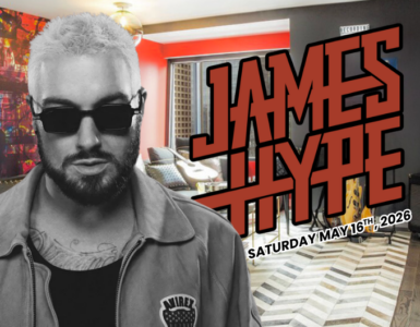 A person wearing sunglasses and a casual jacket is in the foreground, with a colorful, music-themed backdrop. In bold red letters, "James Hype" is displayed. Logos for "W Seattle" and "C 89.5" are visible. The date "Saturday, May 16th, 2026" is also included.