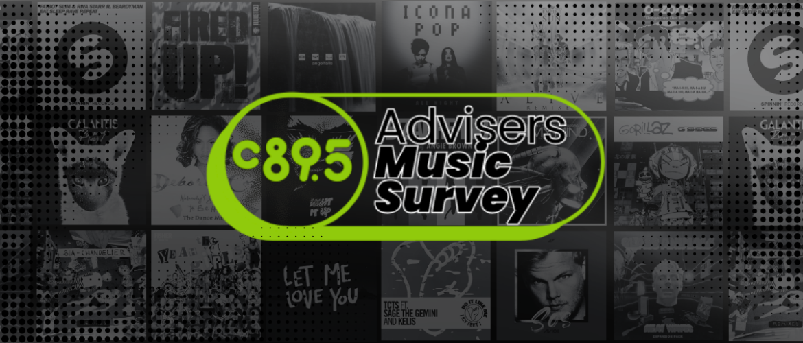 Image showing a promotional graphic for the "C89.5 Advisers Music Survey." The background features a collage of various music album covers, including works by Carly Rae Jepsen, Avicii, and Icona Pop. A central green oval highlights the text over the image.
