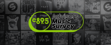 Image showing a promotional graphic for the "C89.5 Advisers Music Survey." The background features a collage of various music album covers, including works by Carly Rae Jepsen, Avicii, and Icona Pop. A central green oval highlights the text over the image.