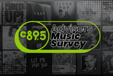 Image showing a promotional graphic for the "C89.5 Advisers Music Survey." The background features a collage of various music album covers, including works by Carly Rae Jepsen, Avicii, and Icona Pop. A central green oval highlights the text over the image.
