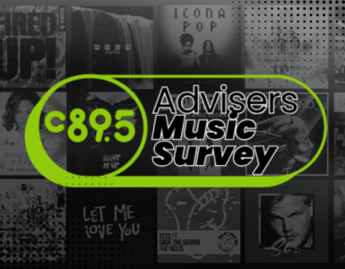 Image showing a promotional graphic for the "C89.5 Advisers Music Survey." The background features a collage of various music album covers, including works by Carly Rae Jepsen, Avicii, and Icona Pop. A central green oval highlights the text over the image.