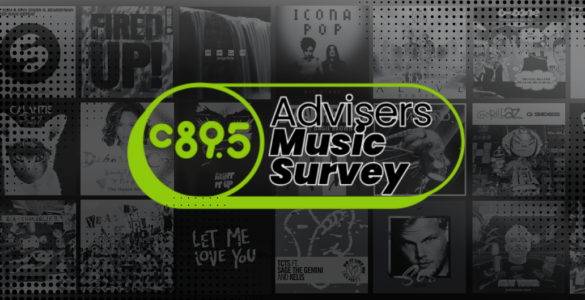 Image showing a promotional graphic for the "C89.5 Advisers Music Survey." The background features a collage of various music album covers, including works by Carly Rae Jepsen, Avicii, and Icona Pop. A central green oval highlights the text over the image.