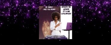 Image of a person wearing sunglasses and a white outfit, standing next to a DJ setup with a purple glitter laptop. In the background, there's a faded photograph of another person with text reading "Ms. Margo I Miss You Mommy." Another section of text says, "Mother’s Day Weekend It’s A Vibe w/DJLadylove."