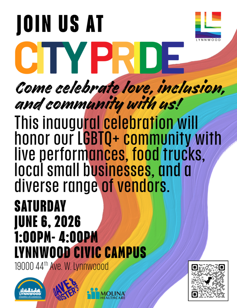 Poster for City Pride event in Lynnwood. Includes the phrase "Join us at City Pride" with "City Pride" in rainbow colors. Text invites attendees to celebrate the LGBTQ+ community with performances, food trucks, local businesses, and vendors. Event date is Saturday, June 6, 2026, from 1:00 PM to 4:00 PM at Lynnwood Civic Campus. Logos for Lynnwood, Dave's Killer Bread, Lynnwood Times, and Molina Healthcare are displayed.
