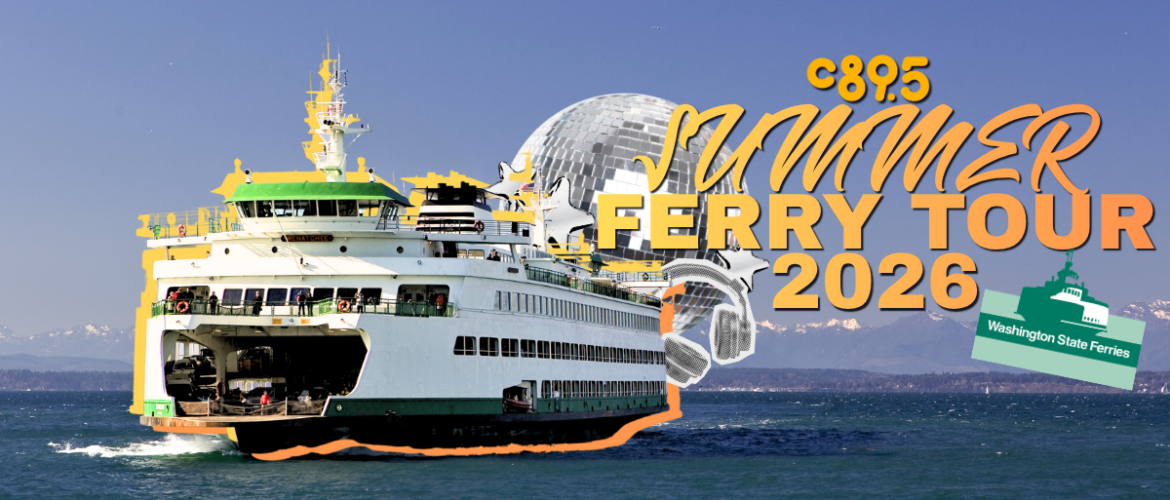 An image of a ferry on the water with snow-capped mountains in the background. Text over the image reads "C895 Summer Ferry Tour 2026" alongside the WSDOT logo.