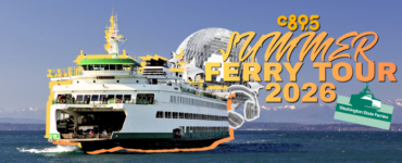 An image of a ferry on the water with snow-capped mountains in the background. Text over the image reads "C895 Summer Ferry Tour 2026" alongside the WSDOT logo.